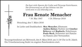 Traueranzeige Renate Menacher