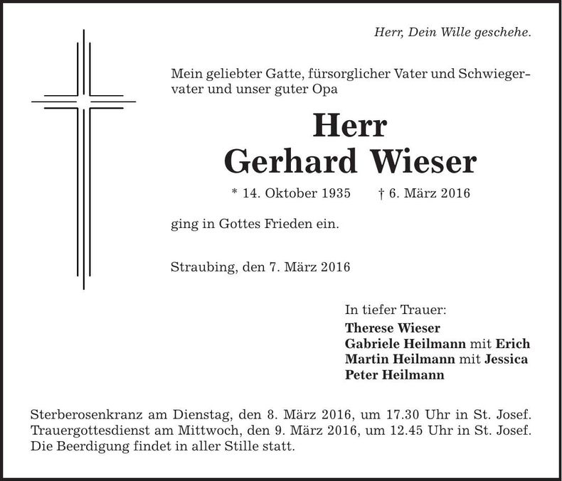 Traueranzeige Gerhard Wieser