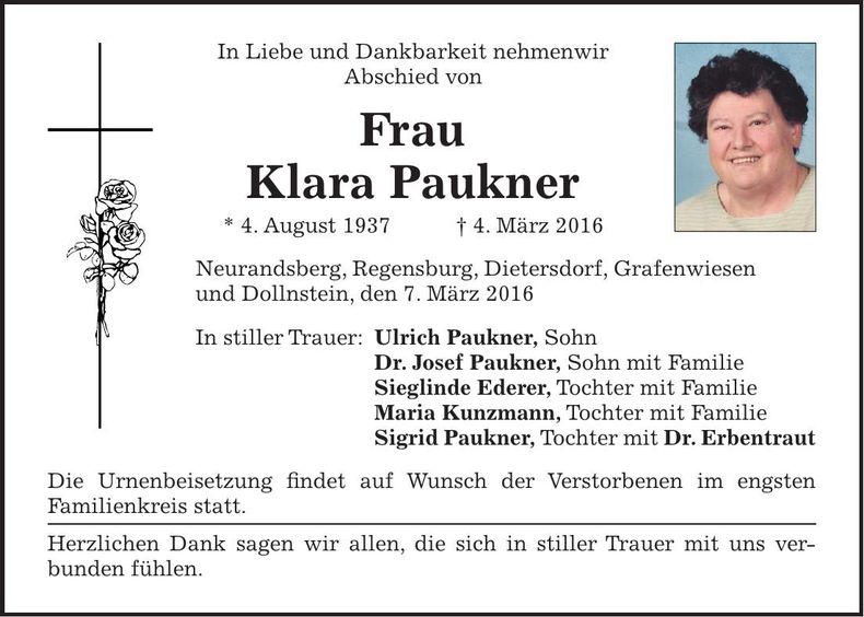 Traueranzeige Klara Paukner