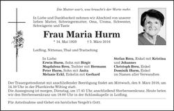 Traueranzeige Maria Hurm