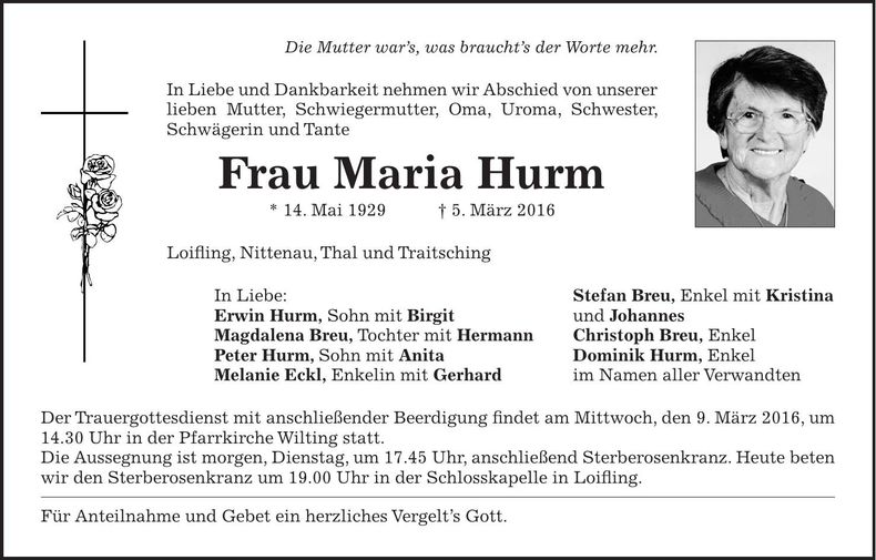 Traueranzeige Maria Hurm