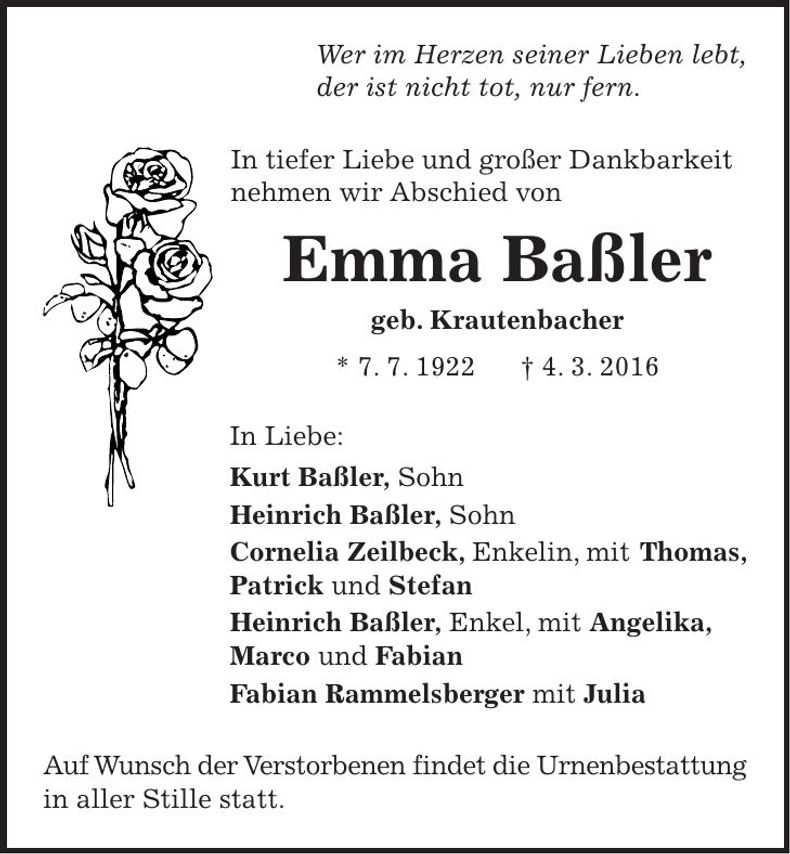 Traueranzeige Emma Baßler