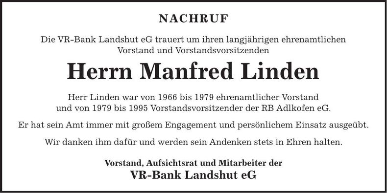 Traueranzeige Manfred Linden