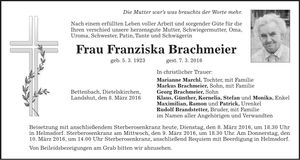Traueranzeige Franziska Brachmeier