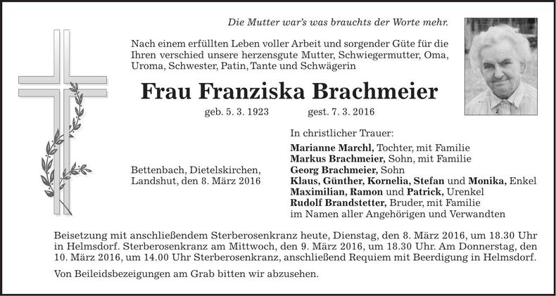 Traueranzeige Franziska Brachmeier