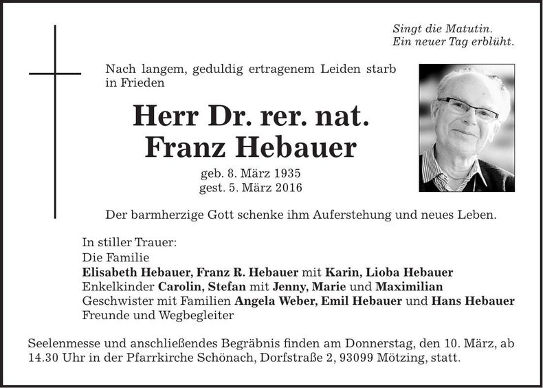 Traueranzeige Franz Dr. rer. nat.  Hebauer