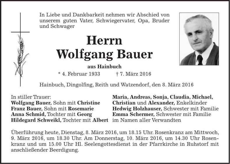 Traueranzeige Wolfgang Bauer