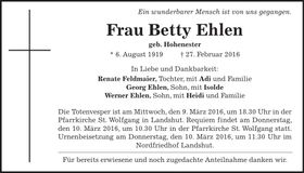 Traueranzeige Betty Ehlen