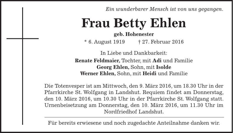 Traueranzeige Betty Ehlen