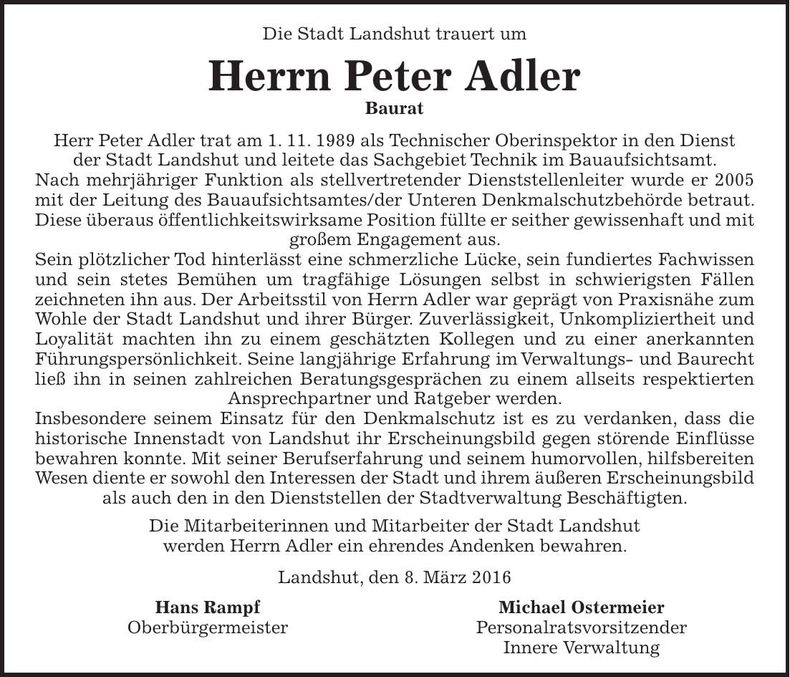 Traueranzeige Peter Adler