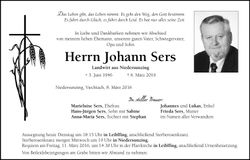 Traueranzeige Johann Sers