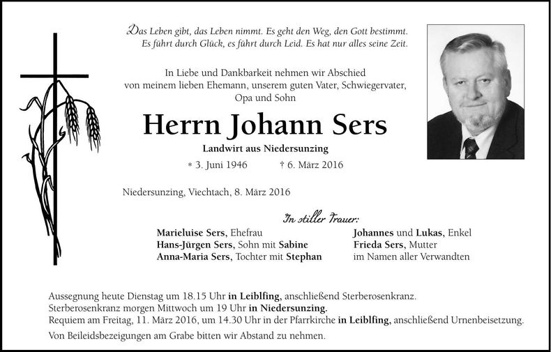 Traueranzeige Johann Sers