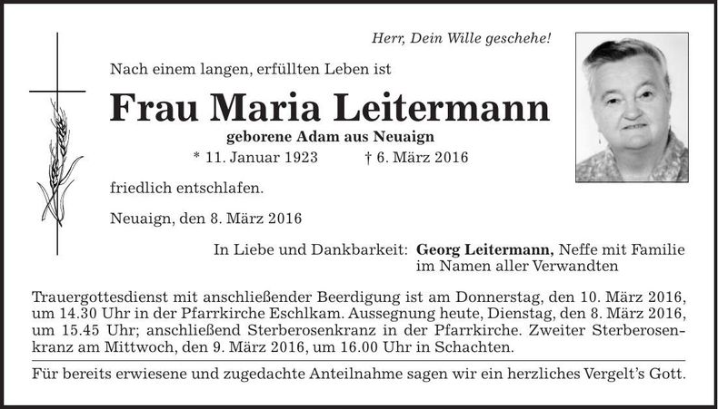 Traueranzeige Maria Leitermann