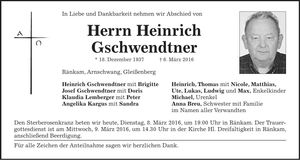Traueranzeige Heinrich Gschwendtner