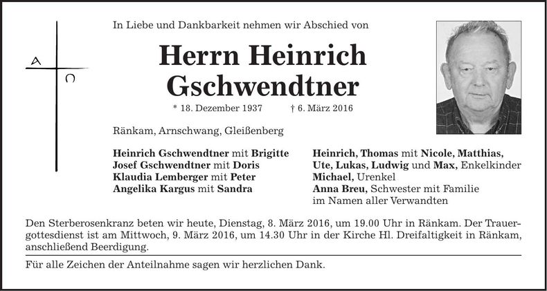 Traueranzeige Heinrich Gschwendtner