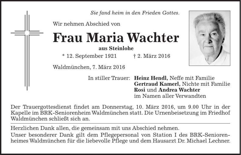 Traueranzeige Maria Wachter