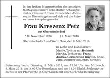 Traueranzeige Kreszenz Peter