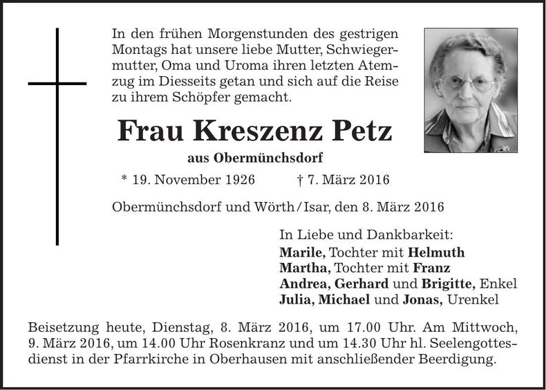 Traueranzeige Kreszenz Peter