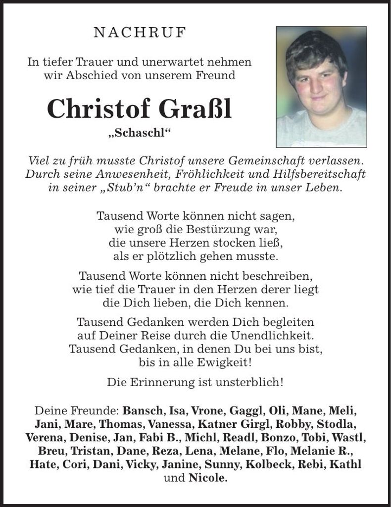 Traueranzeige Christof Graßl