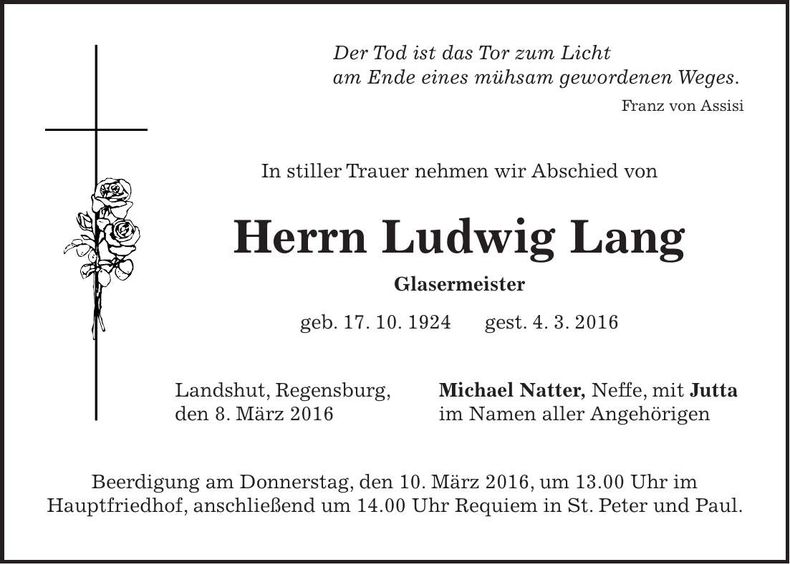 Traueranzeige Ludwig Lang