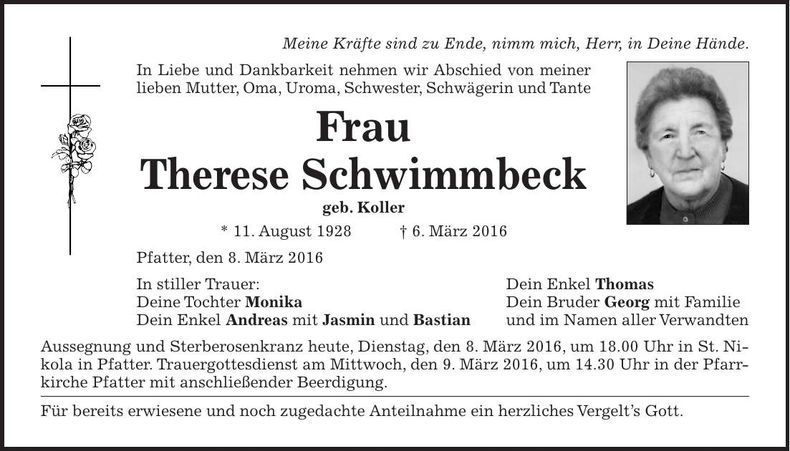 Traueranzeige Therese Schwimmneck