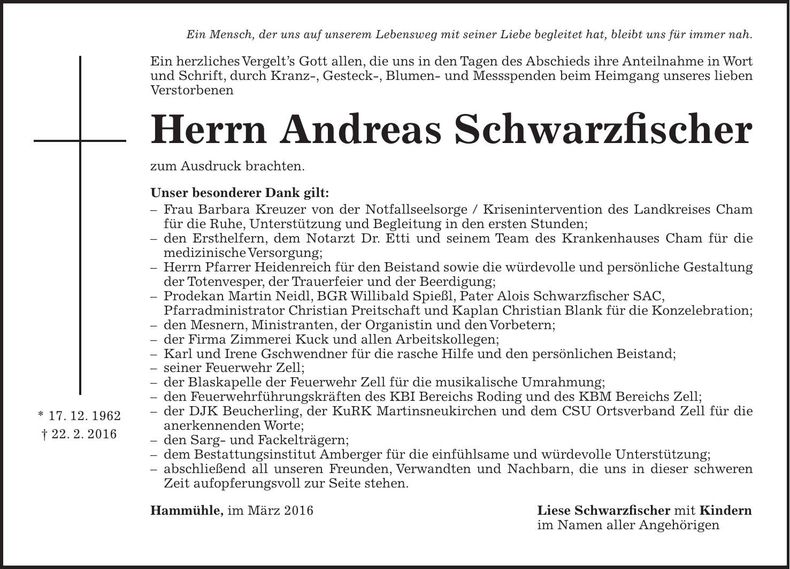 Traueranzeige Andreas Schwarzfischer