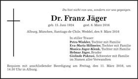 Traueranzeige Franz Dr. Jäger