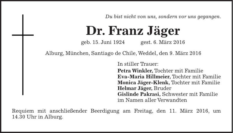 Traueranzeige Franz Dr. Jäger