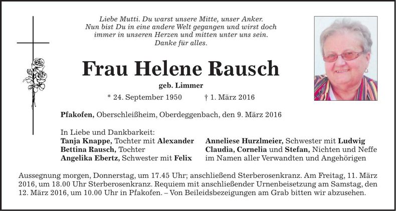 Traueranzeige Helene Rausch
