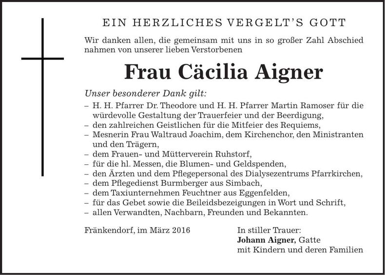 Traueranzeige Cäcilia Aigner