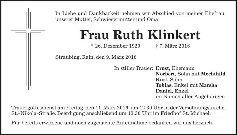 Traueranzeige Ruth Klinkert