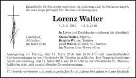 Traueranzeige Lorenz Walter
