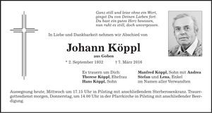 Traueranzeige Johann Köppl