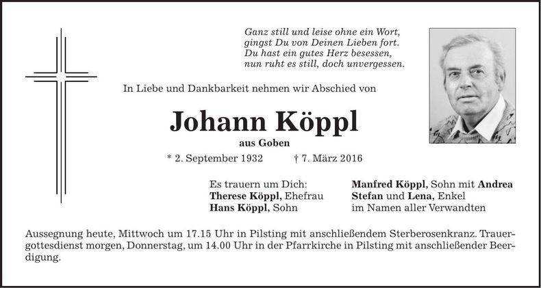 Traueranzeige Johann Köppl