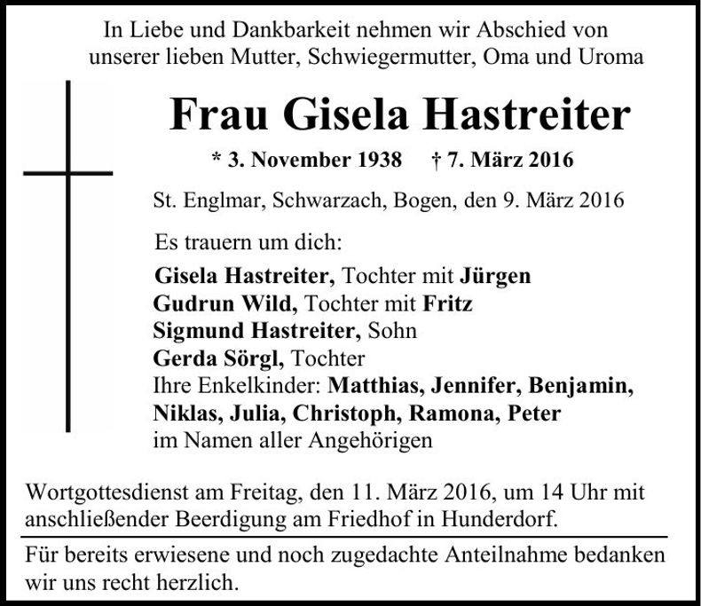 Traueranzeige Gisela Hastreiter