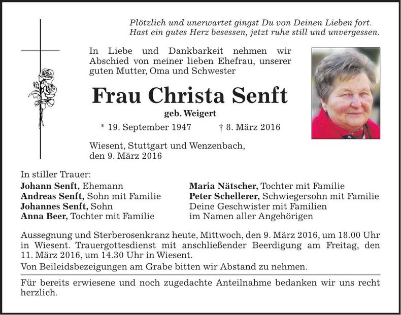 Traueranzeige Christa Senft