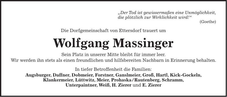 Traueranzeige Wolfgang Massinger