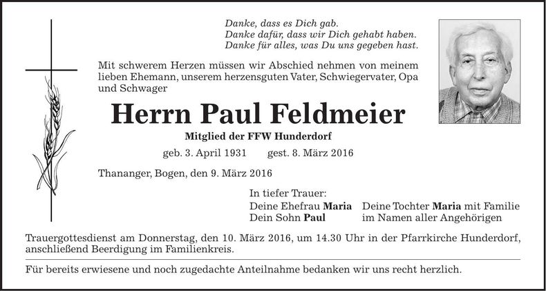 Traueranzeige Paul Feldmeier