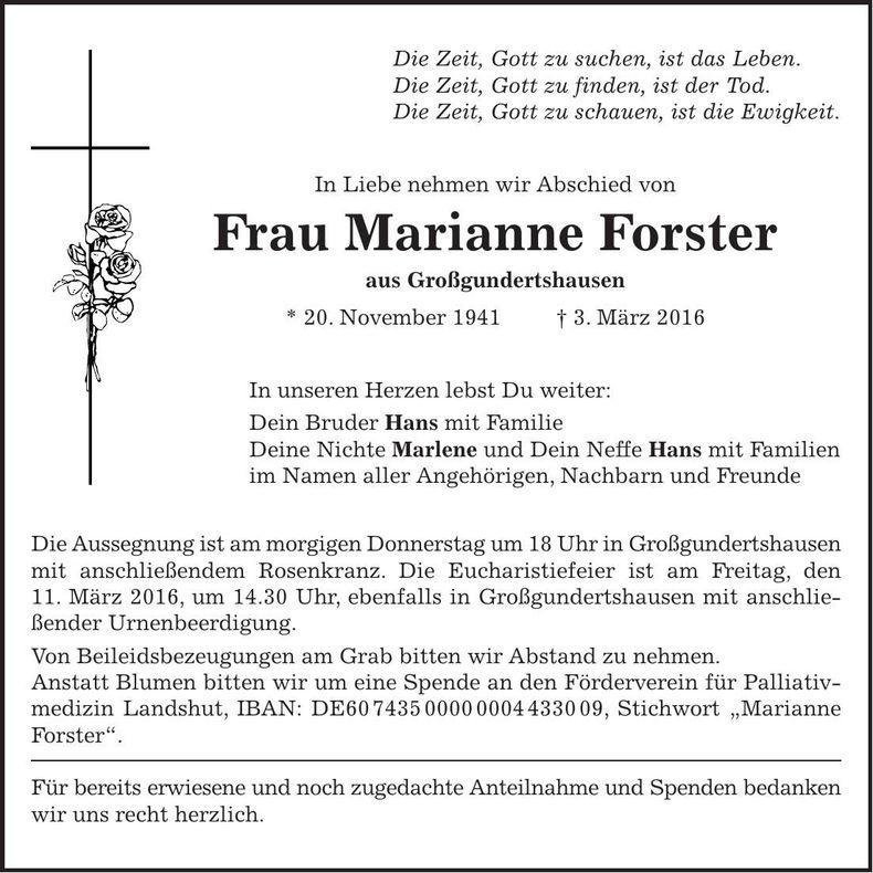 Traueranzeige Mariann Forster