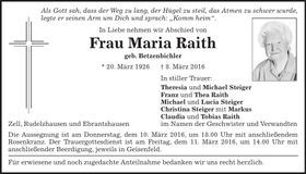 Traueranzeige Maria Raith