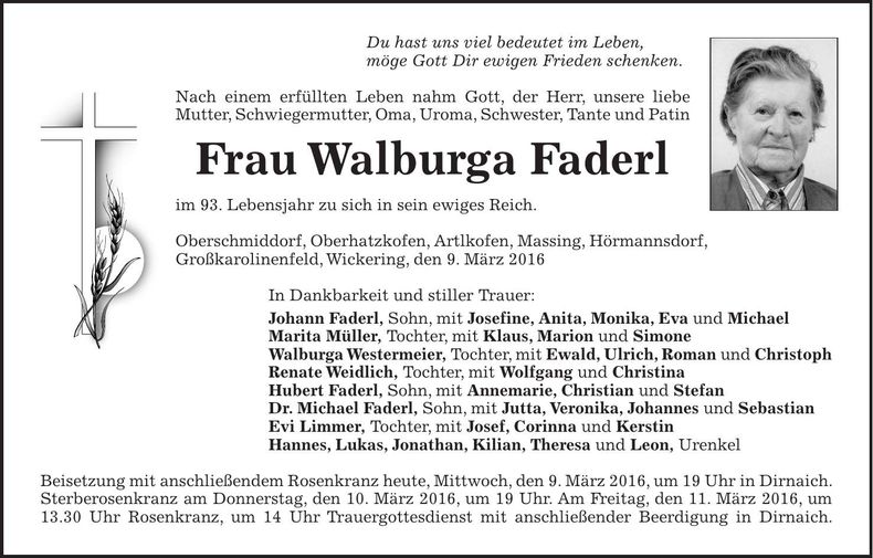 Traueranzeige Walburga Faderl