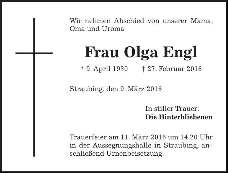 Traueranzeige Olga Engl