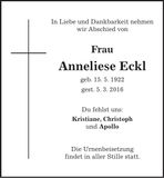 Traueranzeige Anneliese Eckl