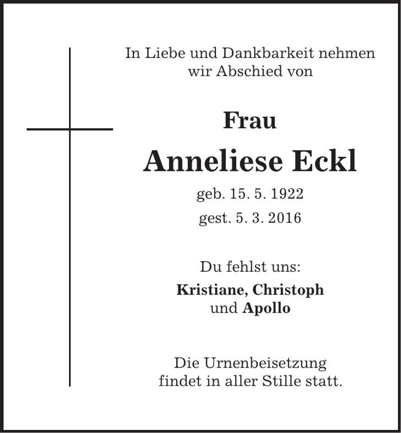 Traueranzeige Anneliese Eckl