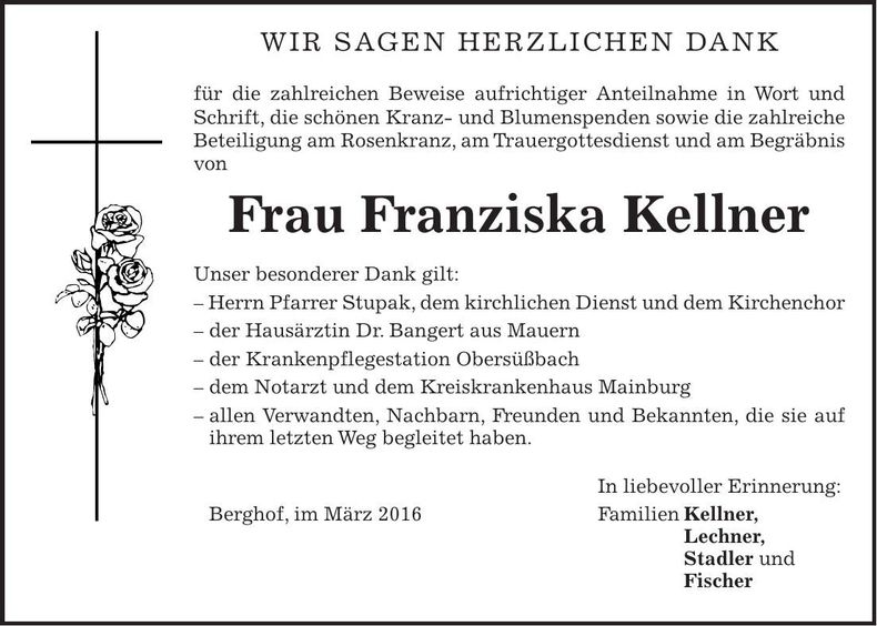 Traueranzeige Franziska Kellner