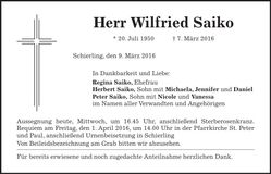 Traueranzeige Wilfried Saiko
