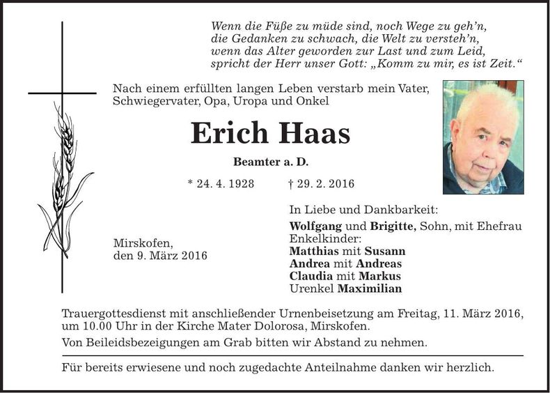 Traueranzeige Erich Haas