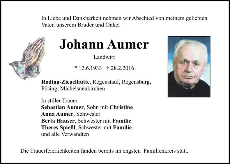 Traueranzeige Johann Aumer