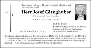 Traueranzeige Josef Girnghuber