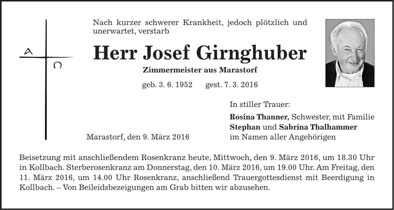 Traueranzeige Josef Girnghuber